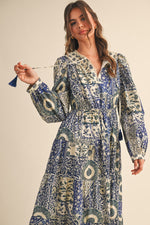 Navy and Cream Vintage Floral Midi Dress