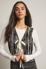 Black Embroidered Tie Front Vest