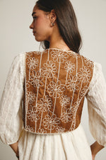 Brown Embroidered Tie Front Vest