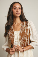 Brown Embroidered Tie Front Vest