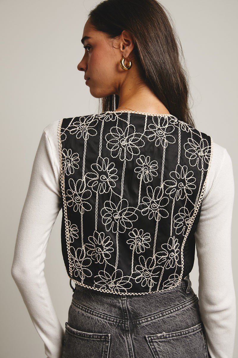 Black Embroidered Tie Front Vest