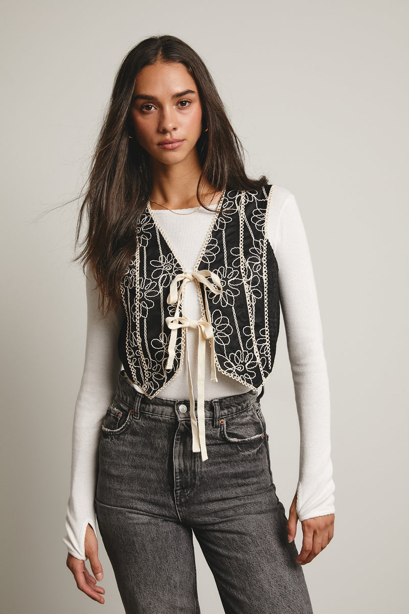 Black Embroidered Tie Front Vest