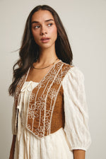 Brown Embroidered Tie Front Vest