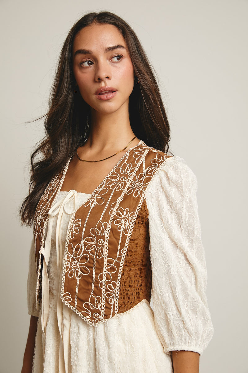 Brown Embroidered Tie Front Vest