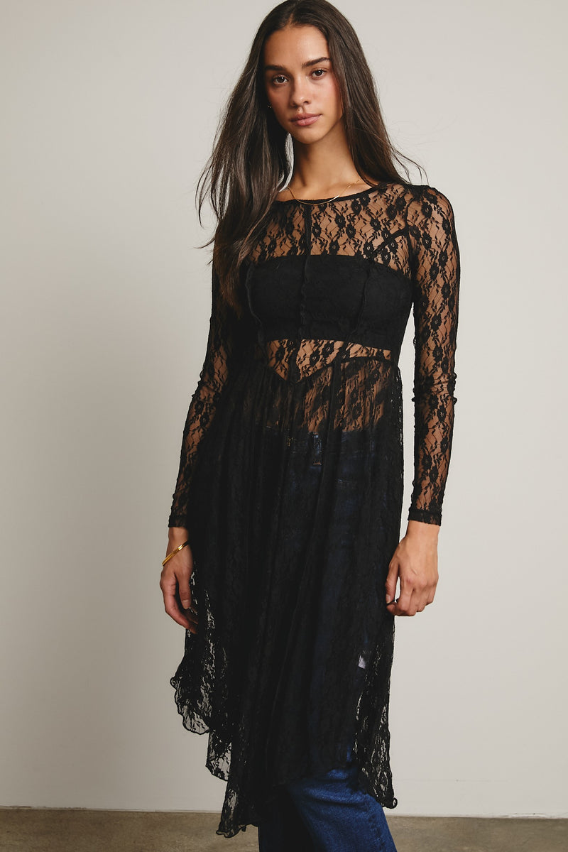 Sheer Lace Layering Dress in Black