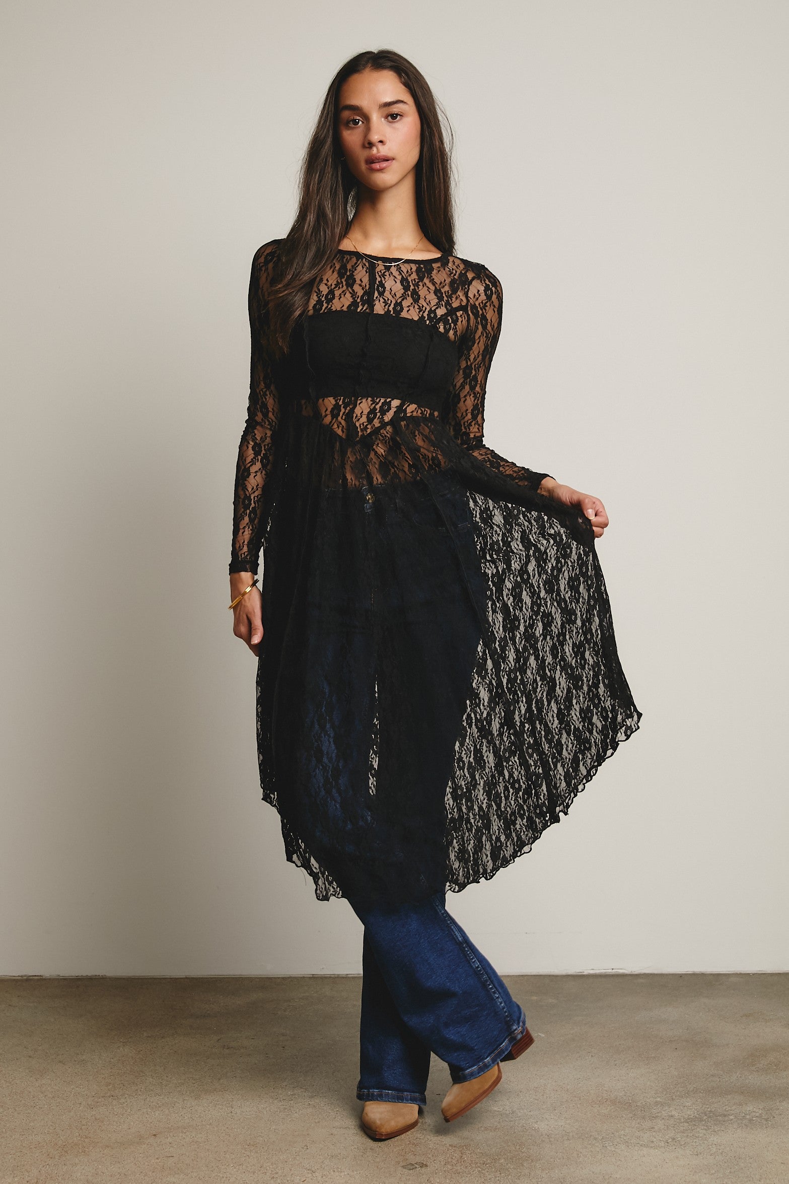 Sheer Lace Layering Dress in Black Small Sheer Lace Layering Dress in Black Small