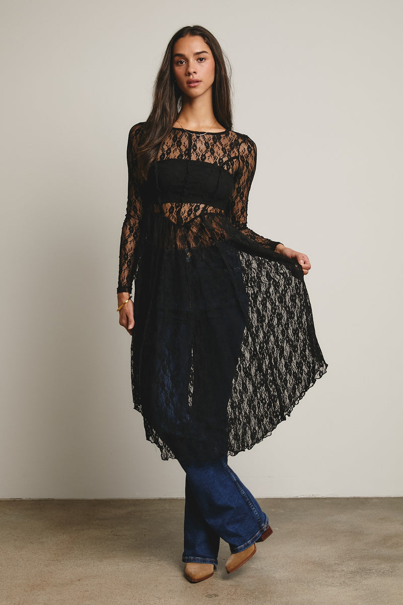 Sheer Lace Layering Dress in Black