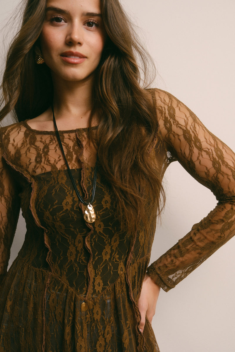 Sheer Lace Layering Dress in Mocha Medium Sheer Lace Layering Dress in Mocha Medium