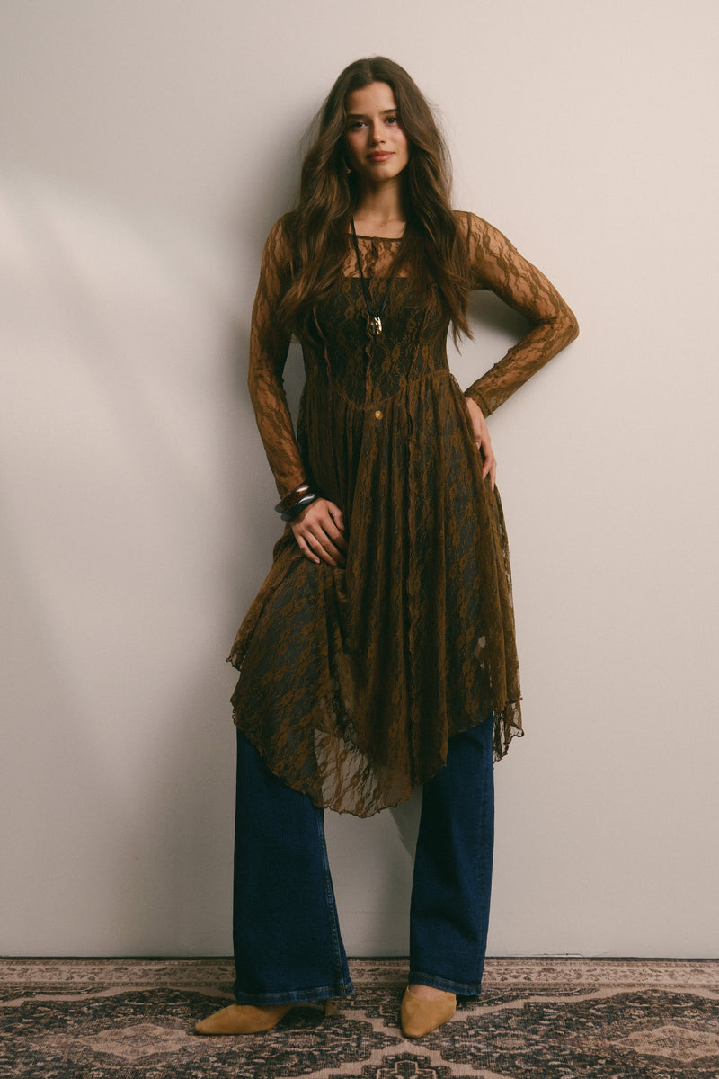 Sheer Lace Layering Dress in Mocha Small
