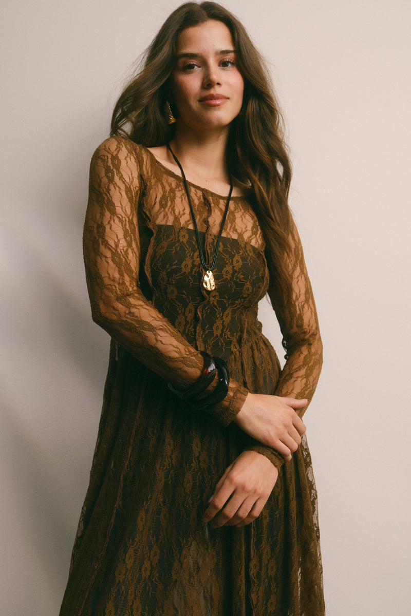 Sheer Lace Layering Dress in Mocha Medium Sheer Lace Layering Dress in Mocha Medium
