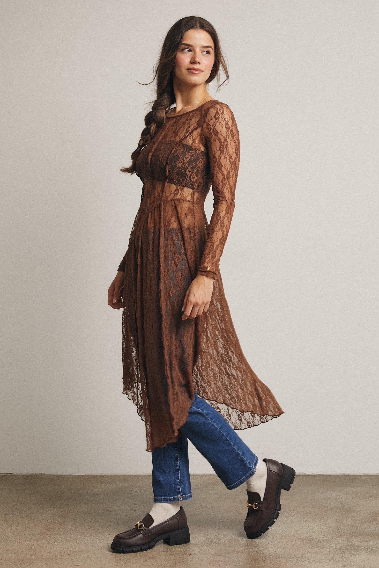 Sheer Lace Layering Dress in Mocha Medium Sheer Lace Layering Dress in Mocha Medium