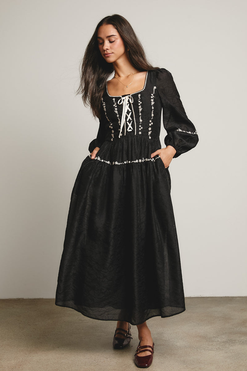 Black Floral Jacquard Corset Maxi Dress