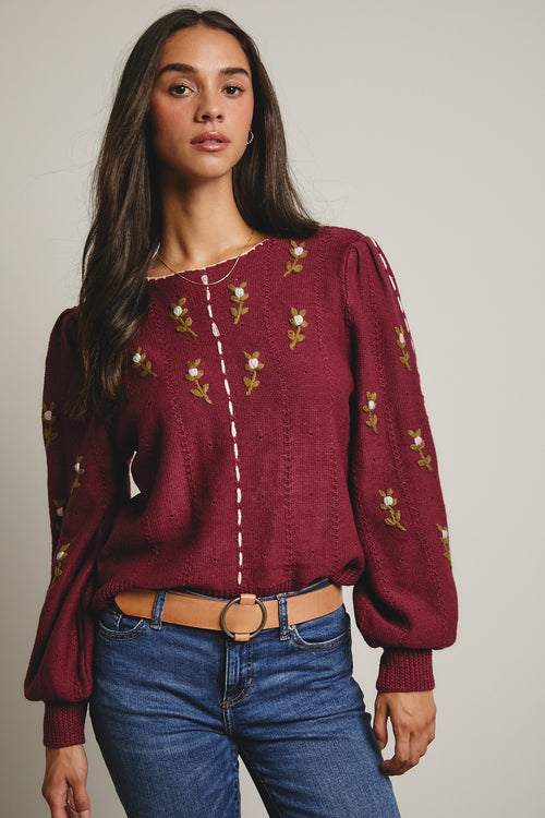 Embroidered Blossom Knit Sweater in Plum