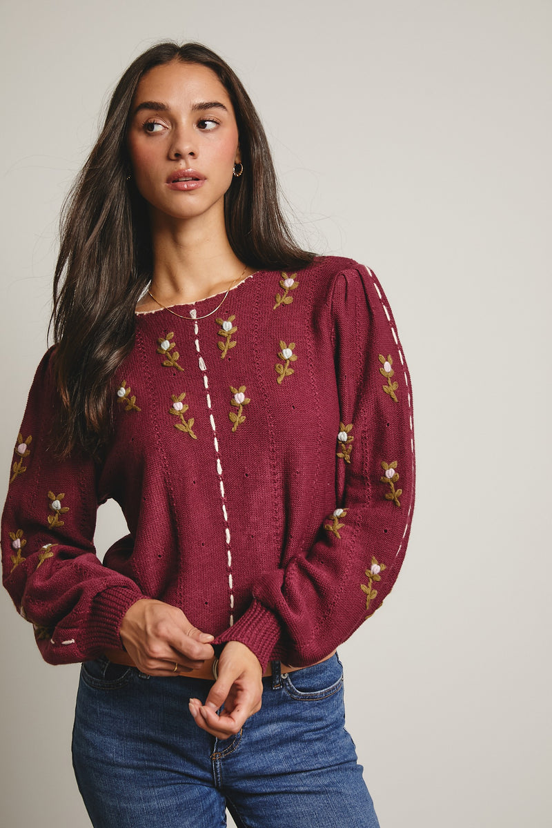 Embroidered Blossom Knit Sweater in Plum