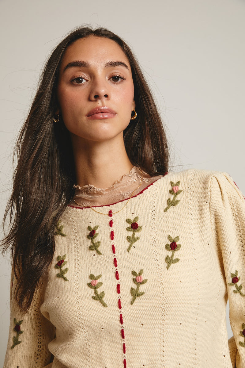 Embroidered Blossom Knit Sweater in Ecru