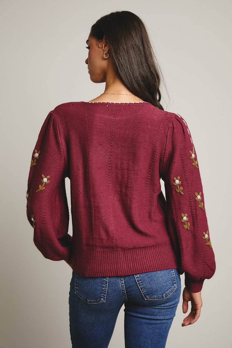 Embroidered Blossom Knit Sweater in Plum