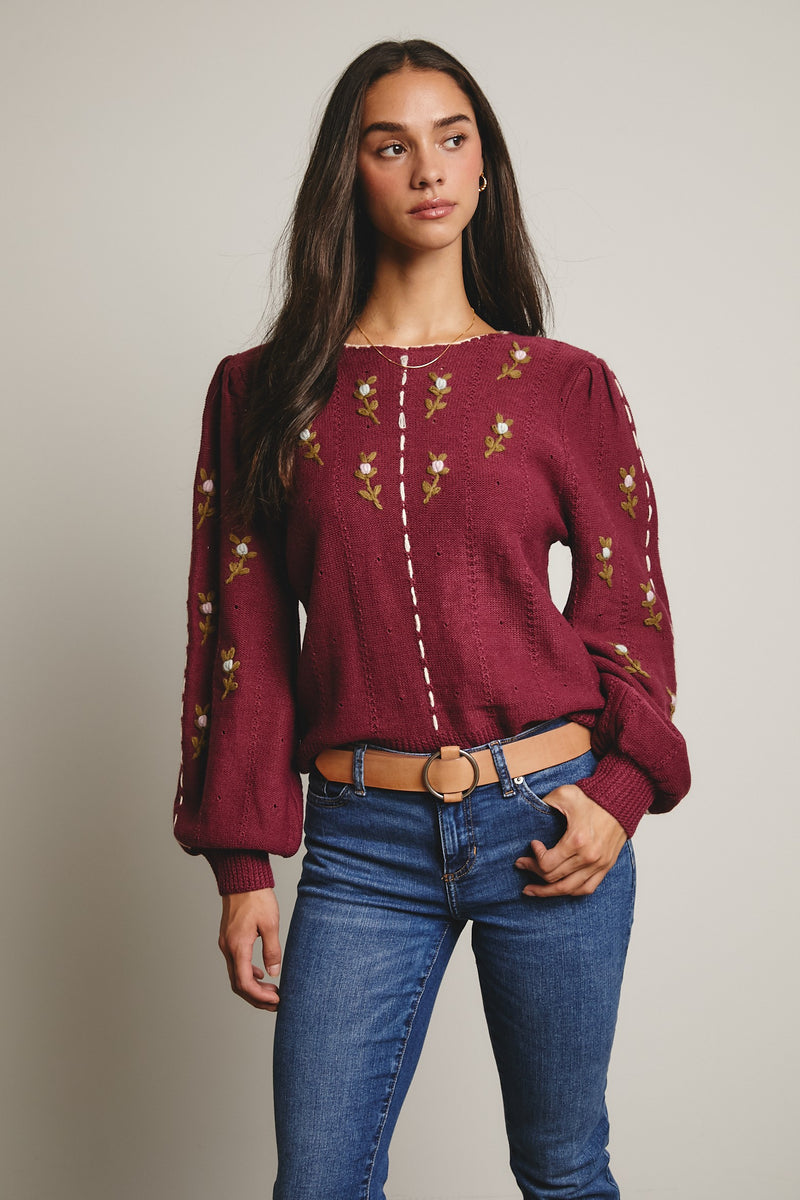 Embroidered Blossom Knit Sweater in Plum