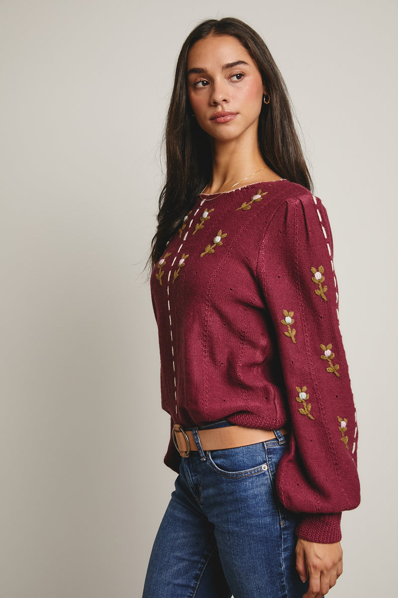 Embroidered Blossom Knit Sweater in Plum
