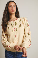 Embroidered Blossom Knit Sweater in Ecru