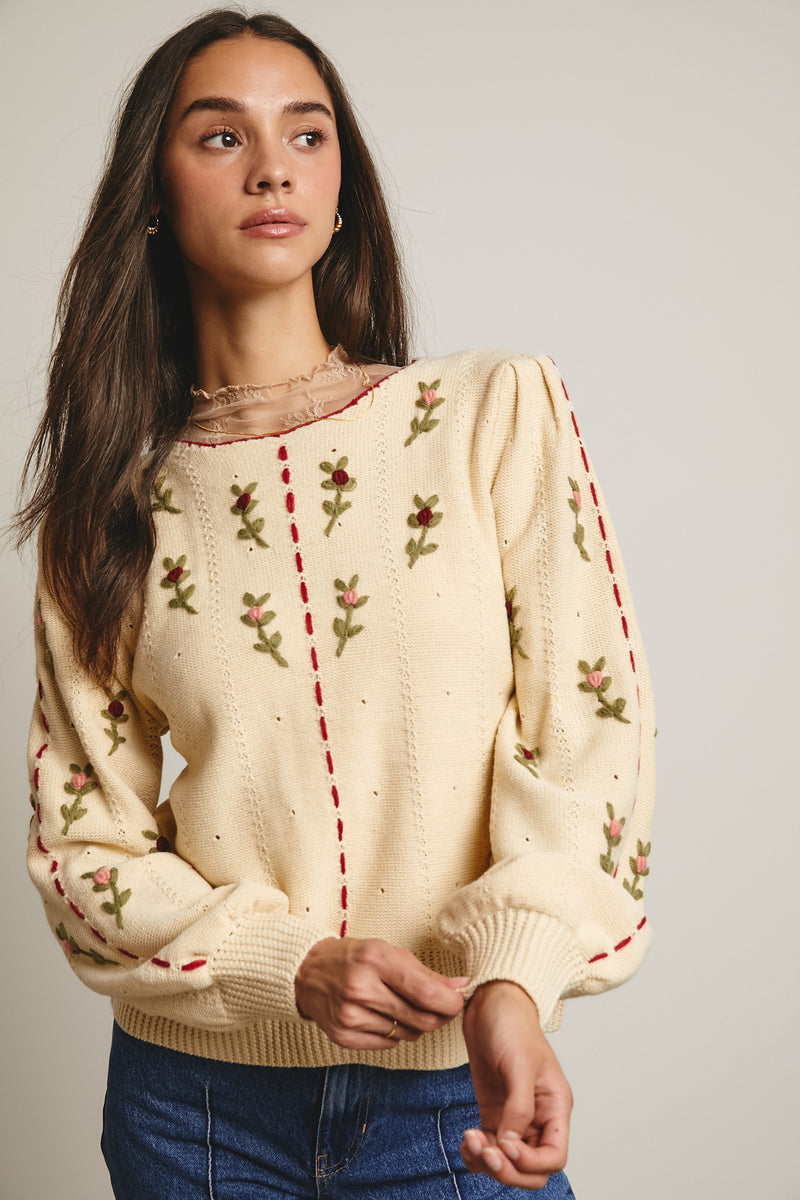 Embroidered Blossom Knit Sweater in Ecru