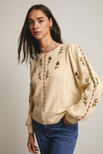 Embroidered Blossom Knit Sweater in Ecru
