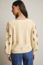 Embroidered Blossom Knit Sweater in Ecru