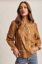 Pecan Embroidered Ruffle Collar Button Down Blouse