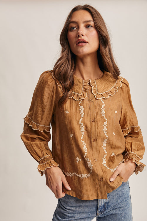 Pecan Embroidered Ruffle Collar Button Down Blouse