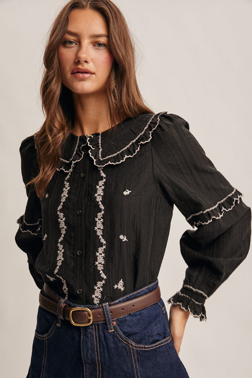 Black Embroidered Ruffle Collar Button Down Blouse