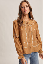 Pecan Embroidered Ruffle Collar Button Down Blouse