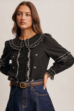 Black Embroidered Ruffle Collar Button Down Blouse