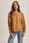 Pecan Embroidered Ruffle Collar Button Down Blouse
