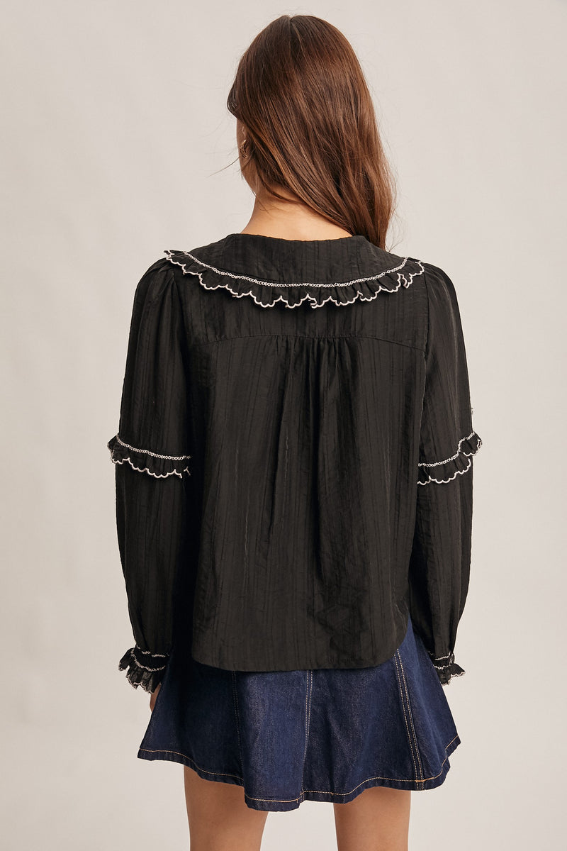 Black Embroidered Ruffle Collar Button Down Blouse