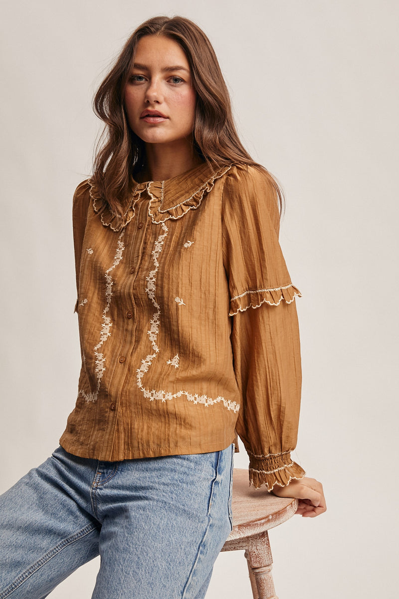 Pecan Embroidered Ruffle Collar Button Down Blouse