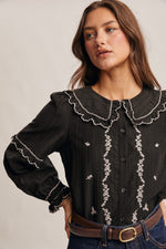 Black Embroidered Ruffle Collar Button Down Blouse