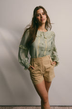 Sage Embroidered Ruffle Collar Button Down Blouse