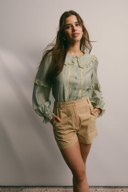 Sage Embroidered Ruffle Collar Button Down Blouse