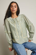 Sage Embroidered Ruffle Collar Button Down Blouse