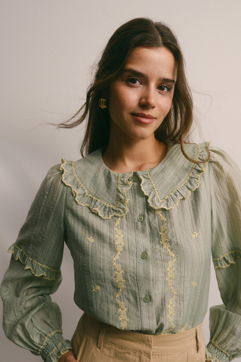Sage Embroidered Ruffle Collar Button Down Blouse