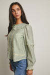 Sage Embroidered Ruffle Collar Button Down Blouse