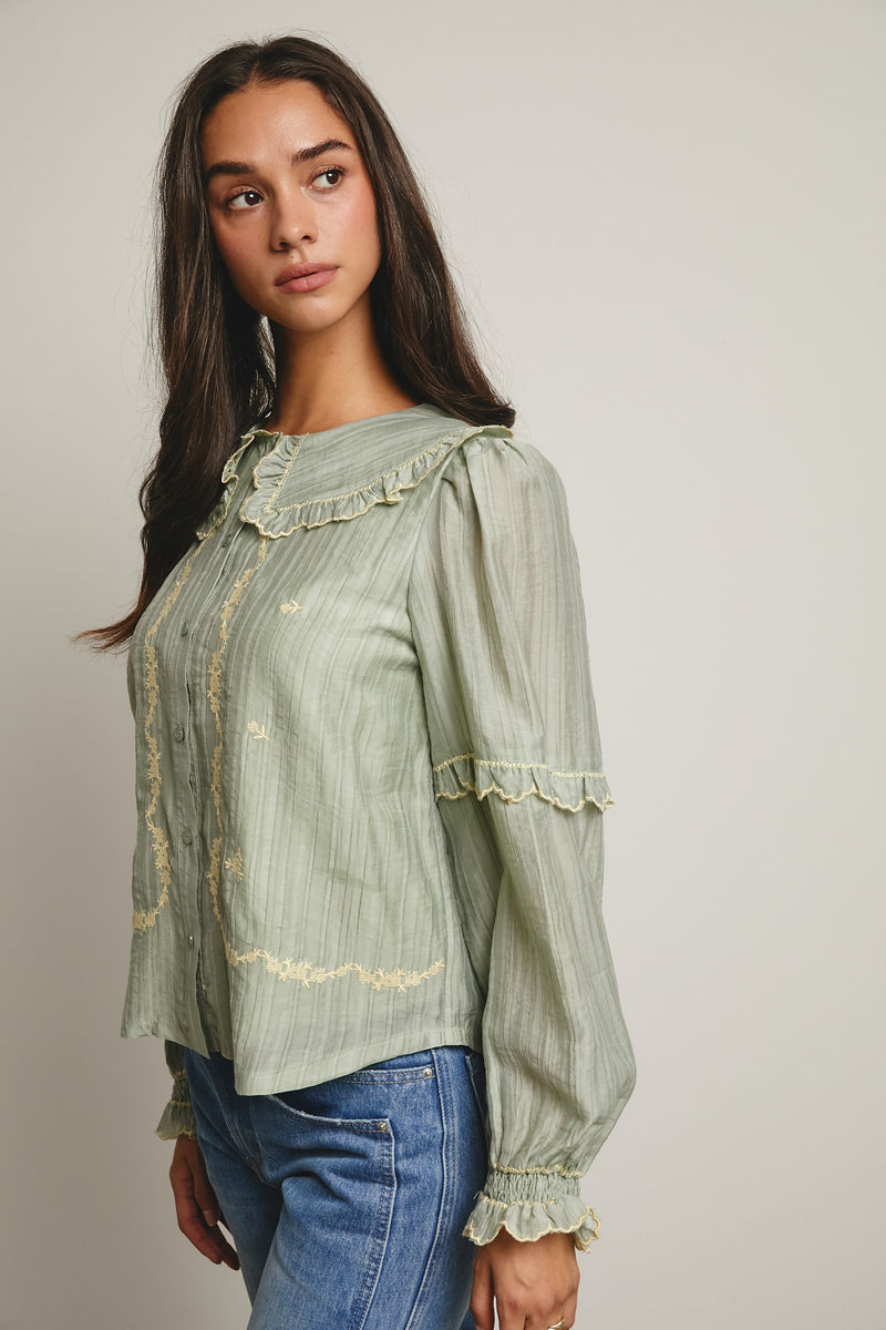 Sage Embroidered Ruffle Collar Button Down Blouse
