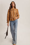 Pecan Embroidered Ruffle Collar Button Down Blouse