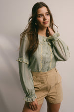 Sage Embroidered Ruffle Collar Button Down Blouse