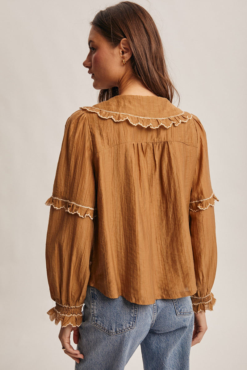 Pecan Embroidered Ruffle Collar Button Down Blouse