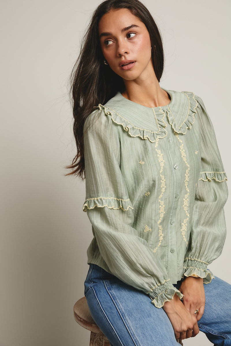 Sage Embroidered Ruffle Collar Button Down Blouse