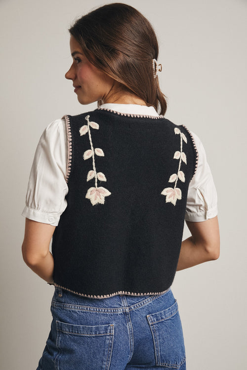 Black Floral Knit Tie Front Vest