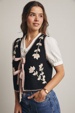 Black Floral Knit Tie Front Vest