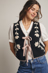 Black Floral Knit Tie Front Vest