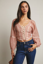 Flower Embroidered Lace Up Corset Top in Blush