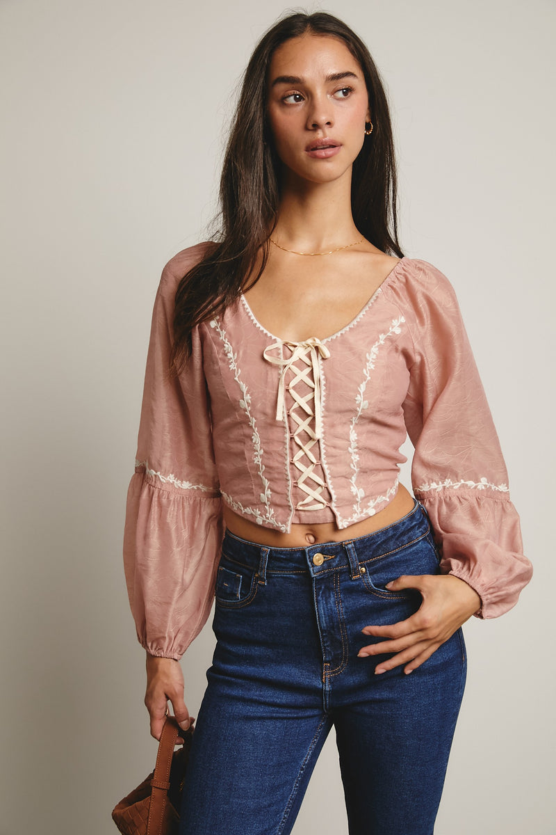 Flower Embroidered Lace Up Corset Top in Blush